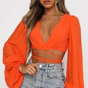 White Fox Boutique Vibrant Orange Tie-Front cropped scrappy Blouse